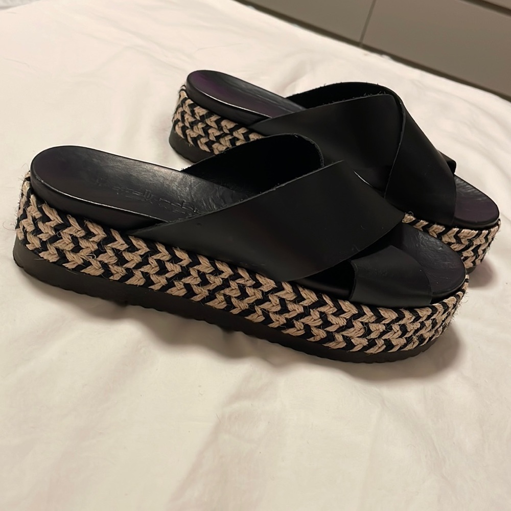 Black Leather Platform Slide Sandals with Braided Espadrille Detail